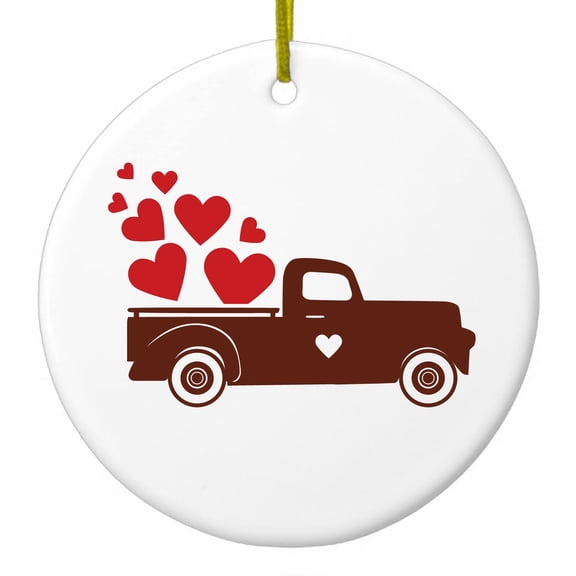 DistinctInk Hanging Ceramic Christmass Tree Ornament with Gold String - Great Gift / Present - 2 3/4 inch diameter - Valentine Truck Red Hearts