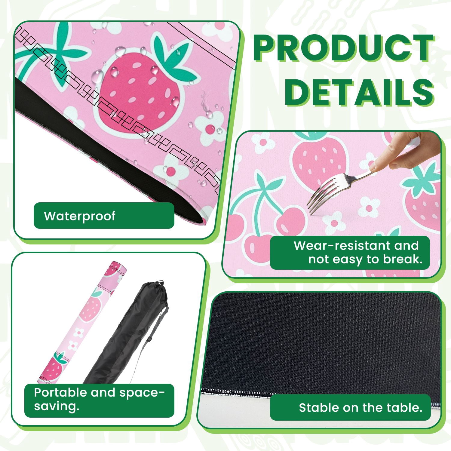 Mahjong Mat 31.5" x 31.5" Cute Pink Strawberry Cherry White Flowers Pink Non-Slip Noise Reduction American Mahjong Tiles Table Cover for Dominoes Poker Card Board Games Gift