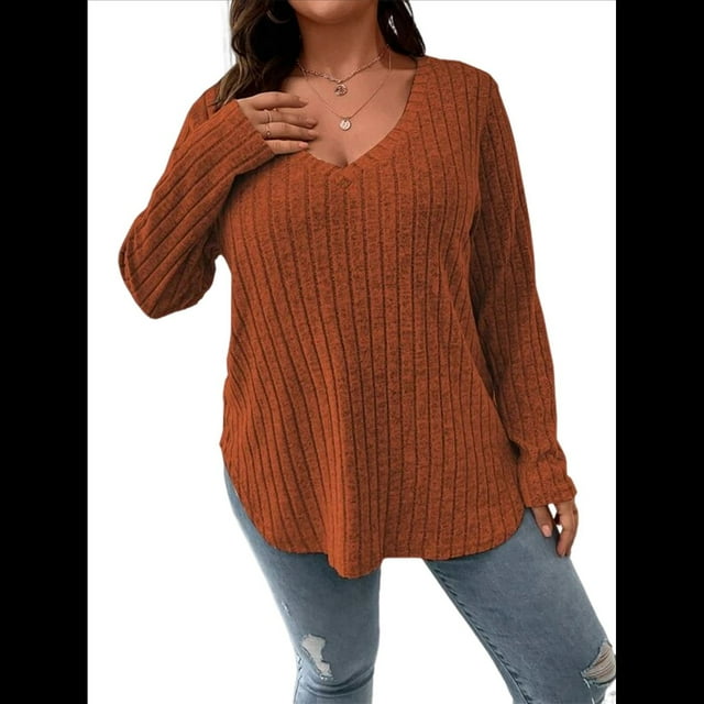 Suéter Informal de Punto con Cuello en V y Larga para Mujer, Talla Grande Color Naranja XXL