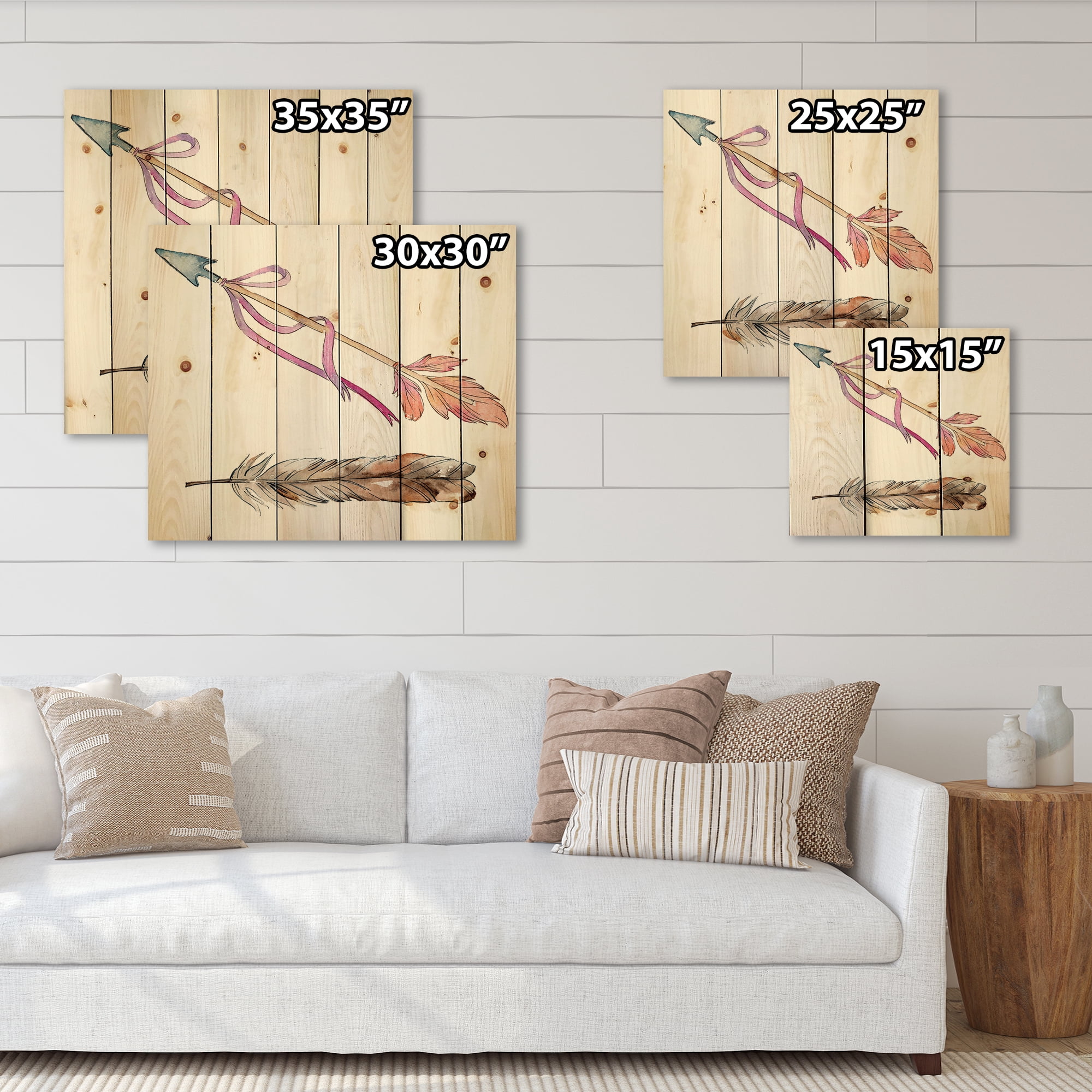 Designart 'Pink Bird Feather From Wing on Arrow' Bohemian & Eclectic Print on Natural Pine Wood