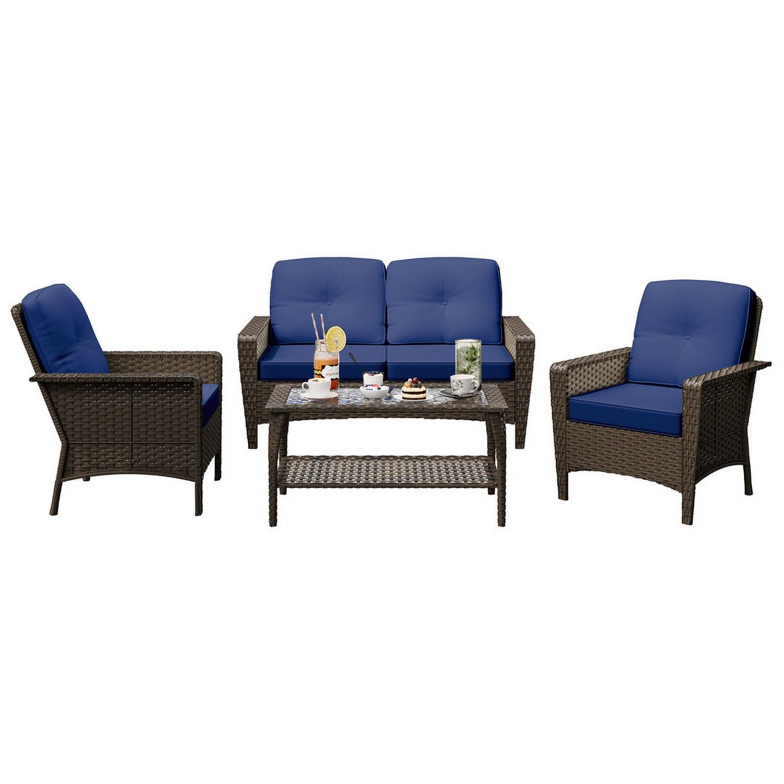 GAZEBETER 4 Piece Outdoor Patio Furniture Set,Wicker Patio Conversation Sets of 4,PE Rattan Wicker Table and Chairs Set with Cushions,Blue