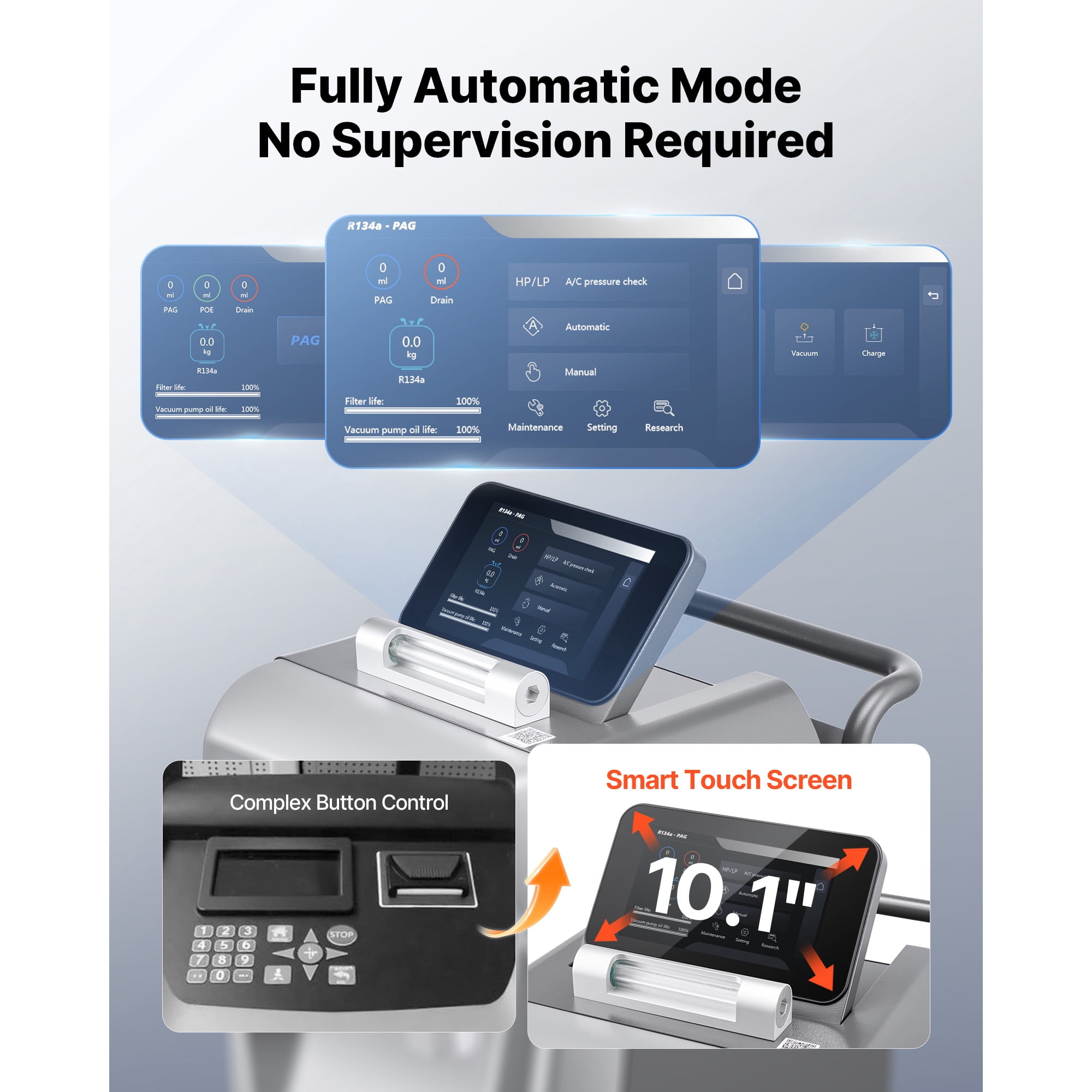KFFKFF Fully Automatic Refrigerant Recovery Machine for R134a, High Accuracy, 10.1-Inch Touch Screen, AC Recovery, Vacuum, Recharging, and Flushing for Automotive A/C Systems