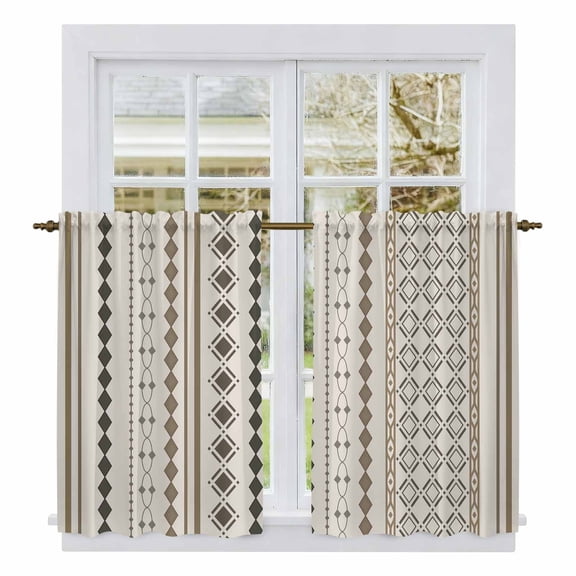 Boho Ethnic Tier Curtains 54 Inch Length, Aztec Bohemian Vintage Geometric Brown Rustic Cafe Short Curtains for Bathroom Over Sink, Small Kitchen Curtain Light Filtering Drapes 2 Panels 27.5"Wx54"L