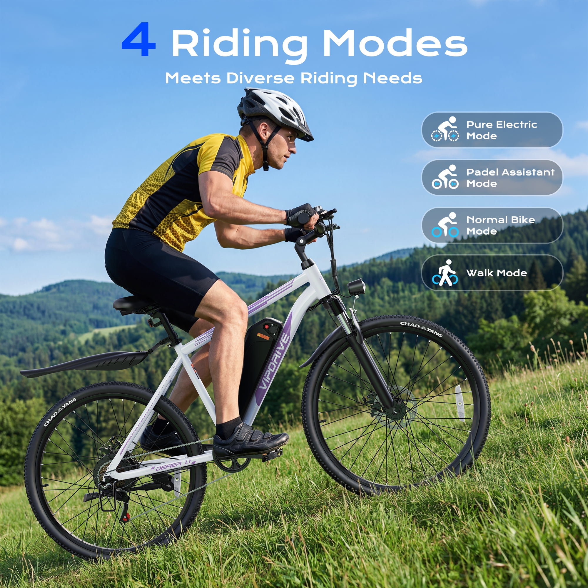 VIPDRIVE Electric Bike for Adults 26", 750W Peak Ebike, 48V 7.8AH Removable Battery，Up to 40 Miles 20MPH Electric Mountain Bike，Front Fork Suspension，7-Speed Shimano Gears，UL2849