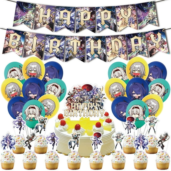 32 Piece For Honkai: Star Rail Cartoon-Themed Party Decoration Set – Includes Banner, Cake Topper, 18 Balloons, and 12 Cupcake Toppers for Festive Celebrations
