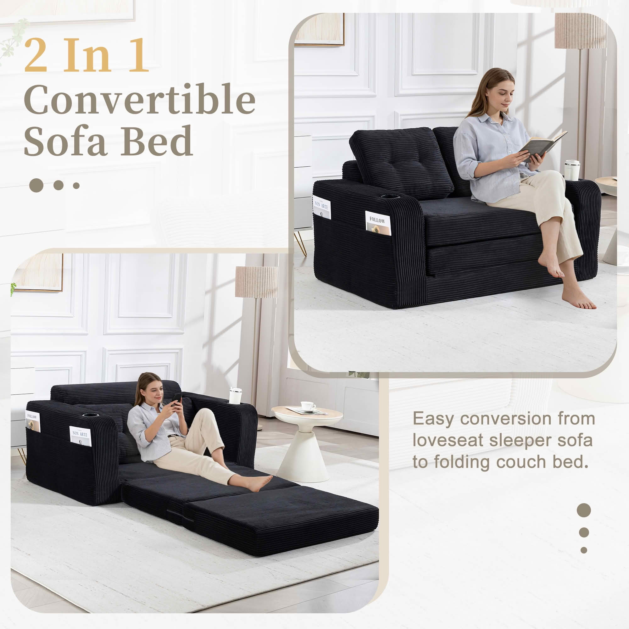 MAYEERTY 2-in-1 Convertible Expandable Sofa Bed, Fold Out Corduroy Floor Couch with Pillows, Side Pockets & Cup Holders for Bedroom Small Living Room
