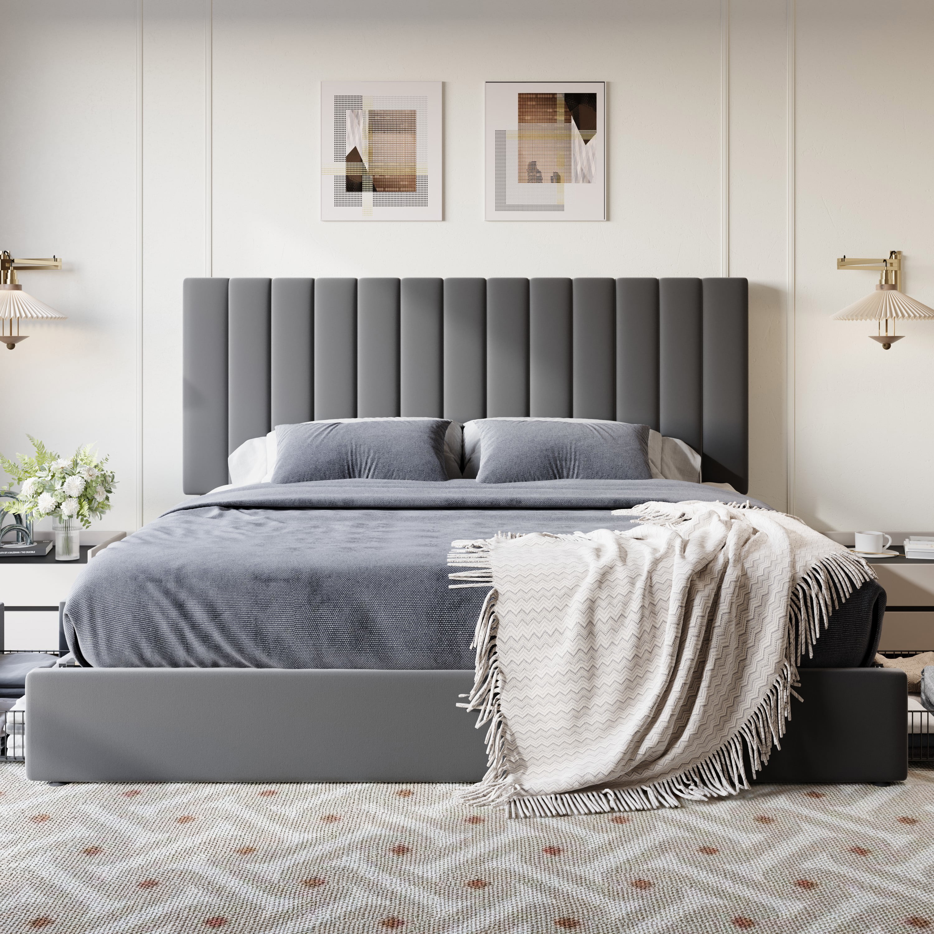 SHA CERLIN King Size Platform Bed Frame with 4 Storage Drawers, Vertical Channel Tufted Adjustable Headboard, Velvet Upholstered, Wooden Slats Support, No Box Spring Needed, Gray