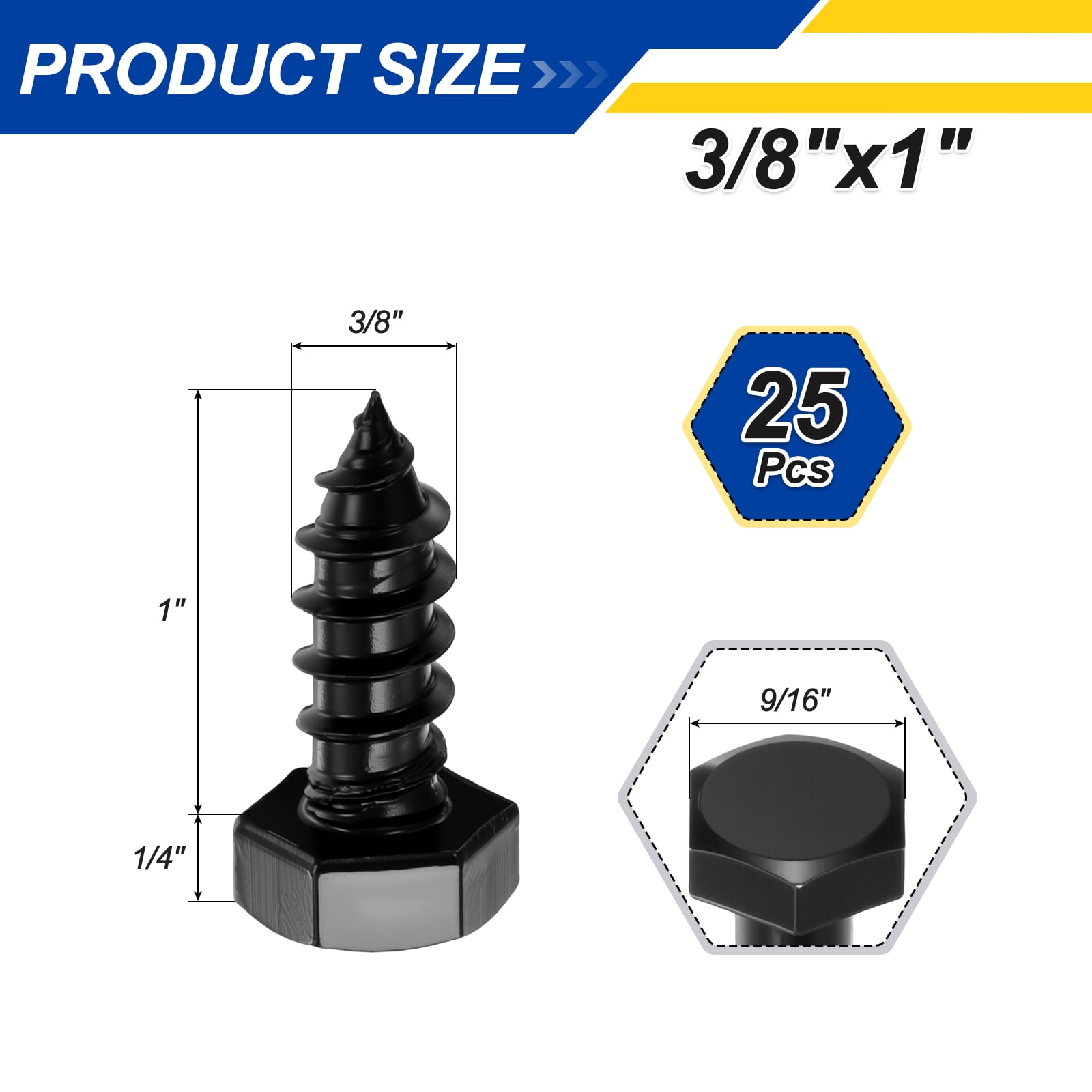 Uxcell 25 Pcs Hex Head Lag Screws - 3/8"x1" Stainless Steel 18-8 (304) Lag Bolts Hexagon Head Heavy Duty Wood Screws for Wood, Decks, Fences, Furniture, Black