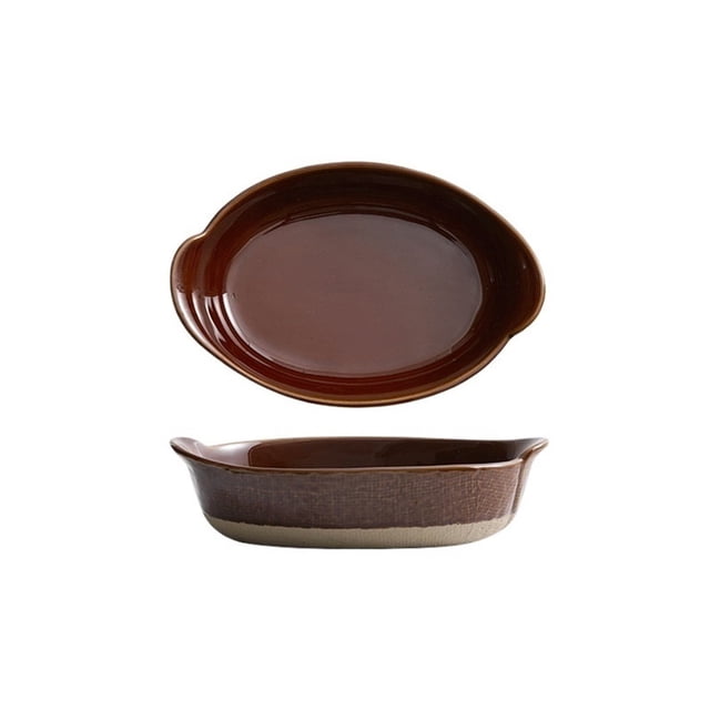 500ML Ceramic Double Ear Japanese Retro Cheese Baked Rice Plate Creative Salad Bowl Home Rectangular Coarse Ceramic Utensils