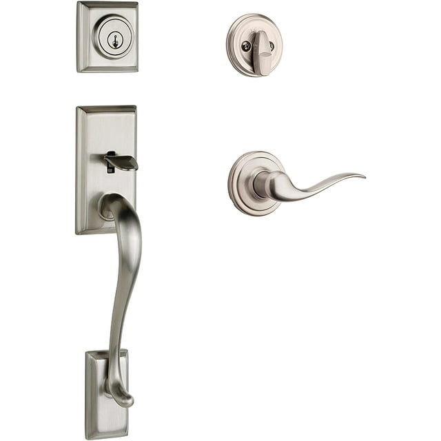 Weiser Hawthorne Satin Nickel Front Door Lock and Handle Set, Deadbolt Lock and Handleset with Reversible Toluca Interior Door Handle, Front Door Handles with Lock