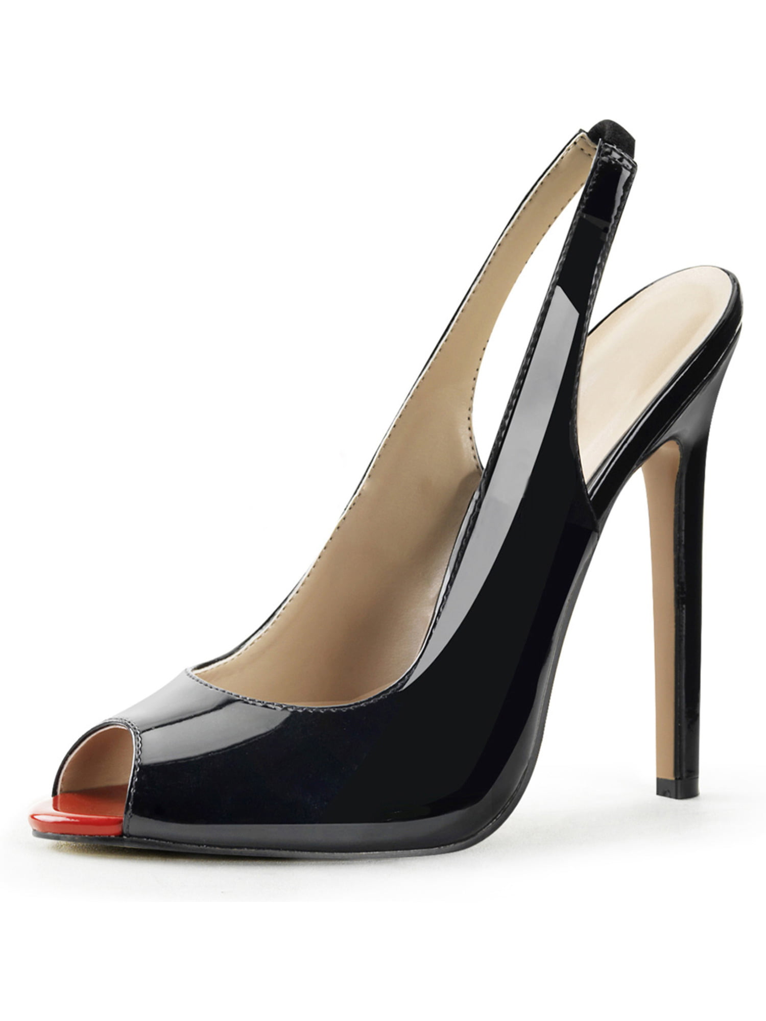 black patent peep toe slingback heels