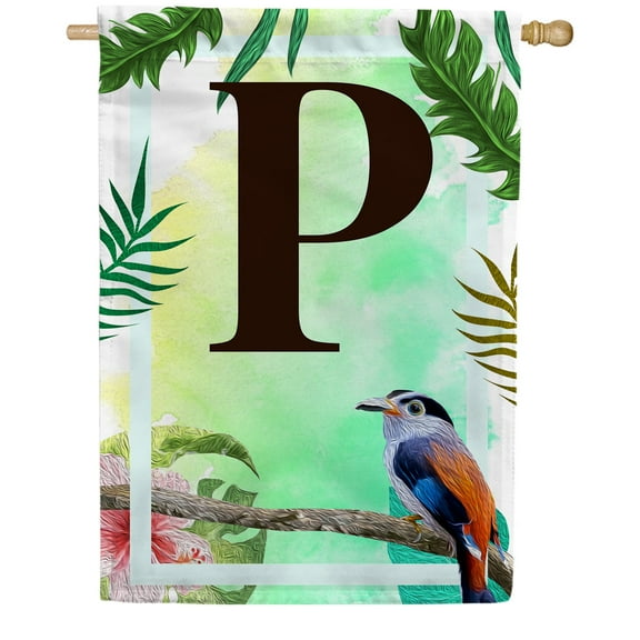 America Forever Tropical Bird Summer Monogram House Flag Letter P 28 x 40 inches Parrot Toucan Palm Leaves Double Sided Vertical Outdoor Yard Lawn Decorative Exotic House Flag
