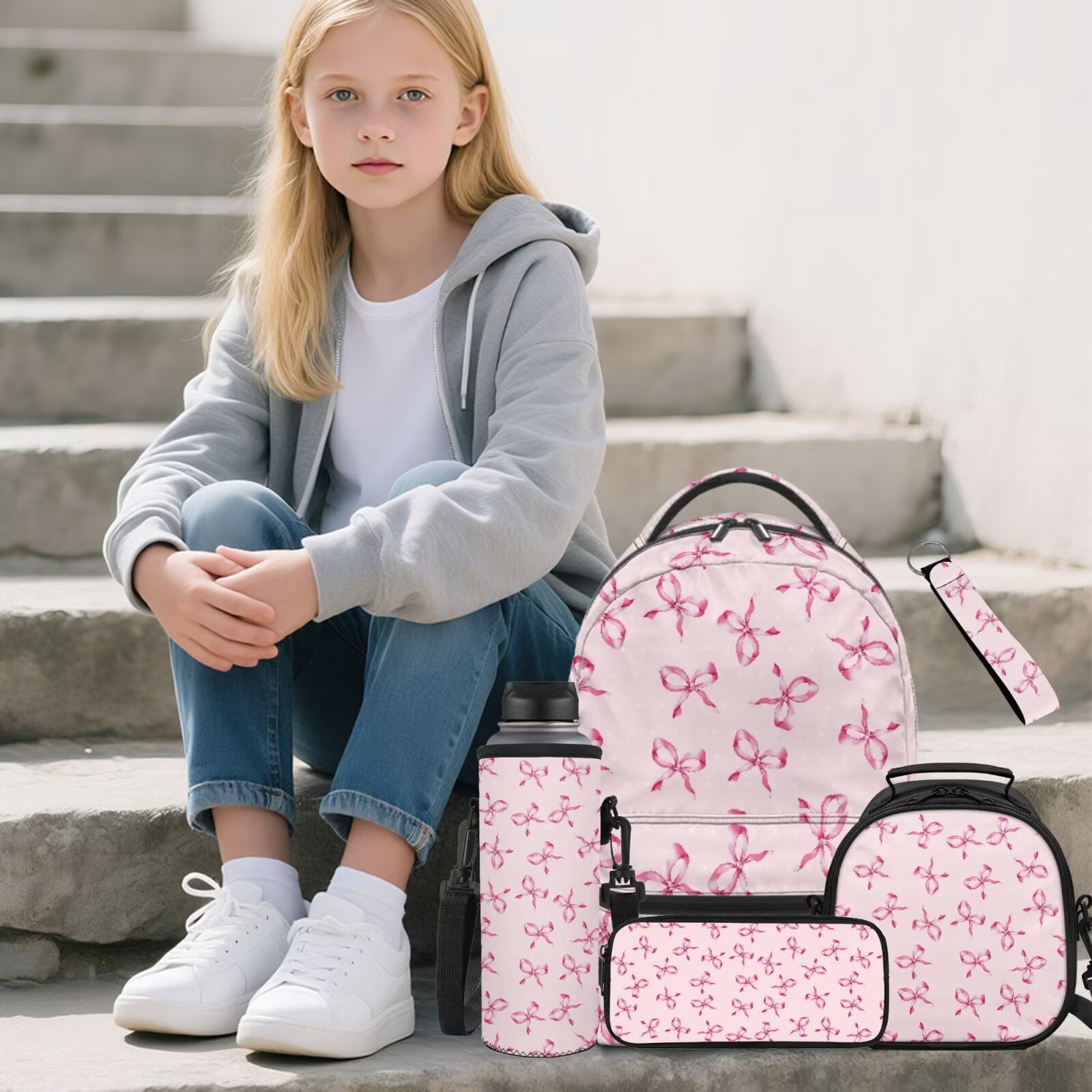 Pzuqiu Pink Bow Print Backpack for Girls 5 Piece School Bookbag with Lunch Bag Lightweight School Bag for Girls 10-12 Elementary Backpack with Water Bottle Holder Pencil Box