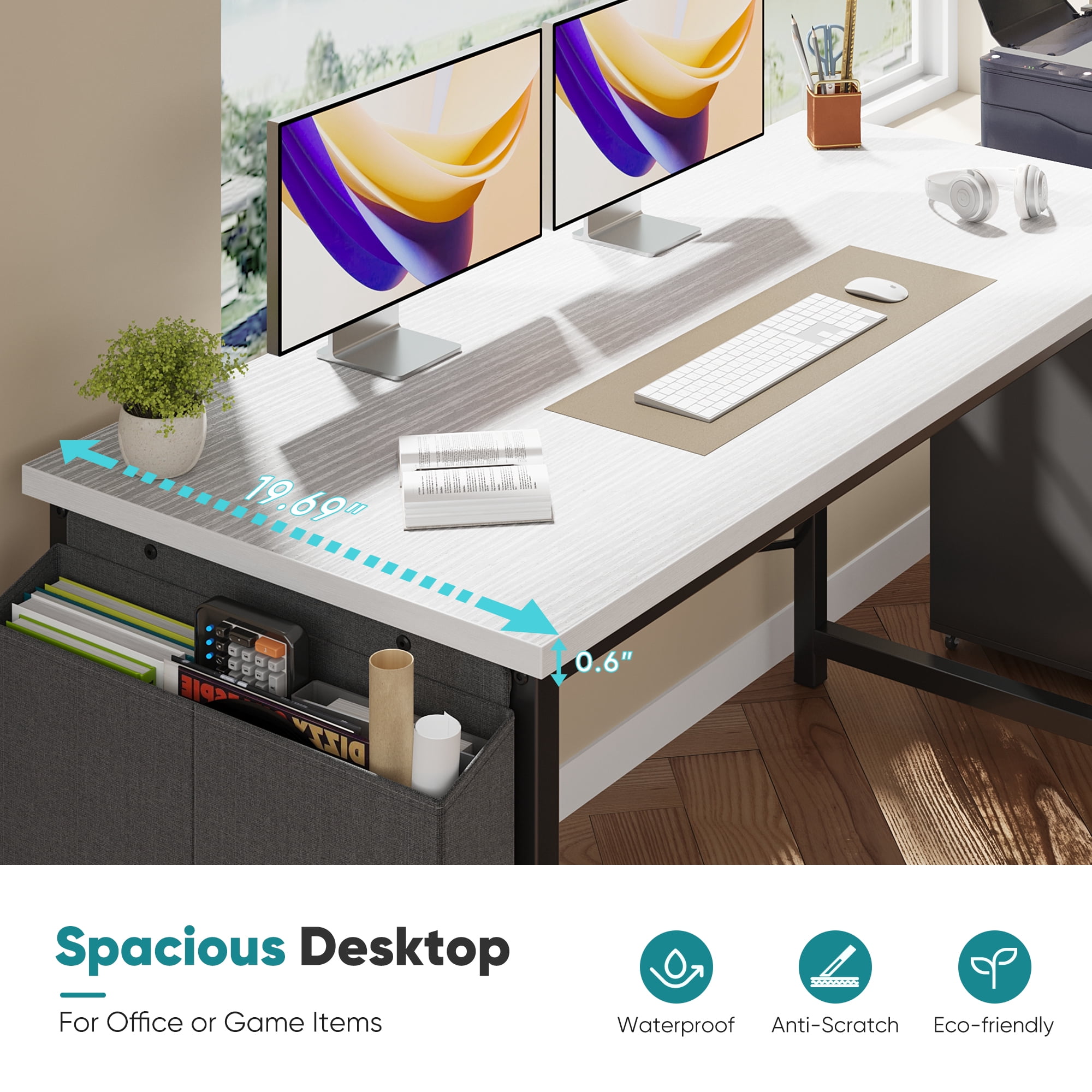 Gianna 55" Computer Desk with Metal Frame, Waterproof Surface and Storage Bag – Perfect for Office Use, White