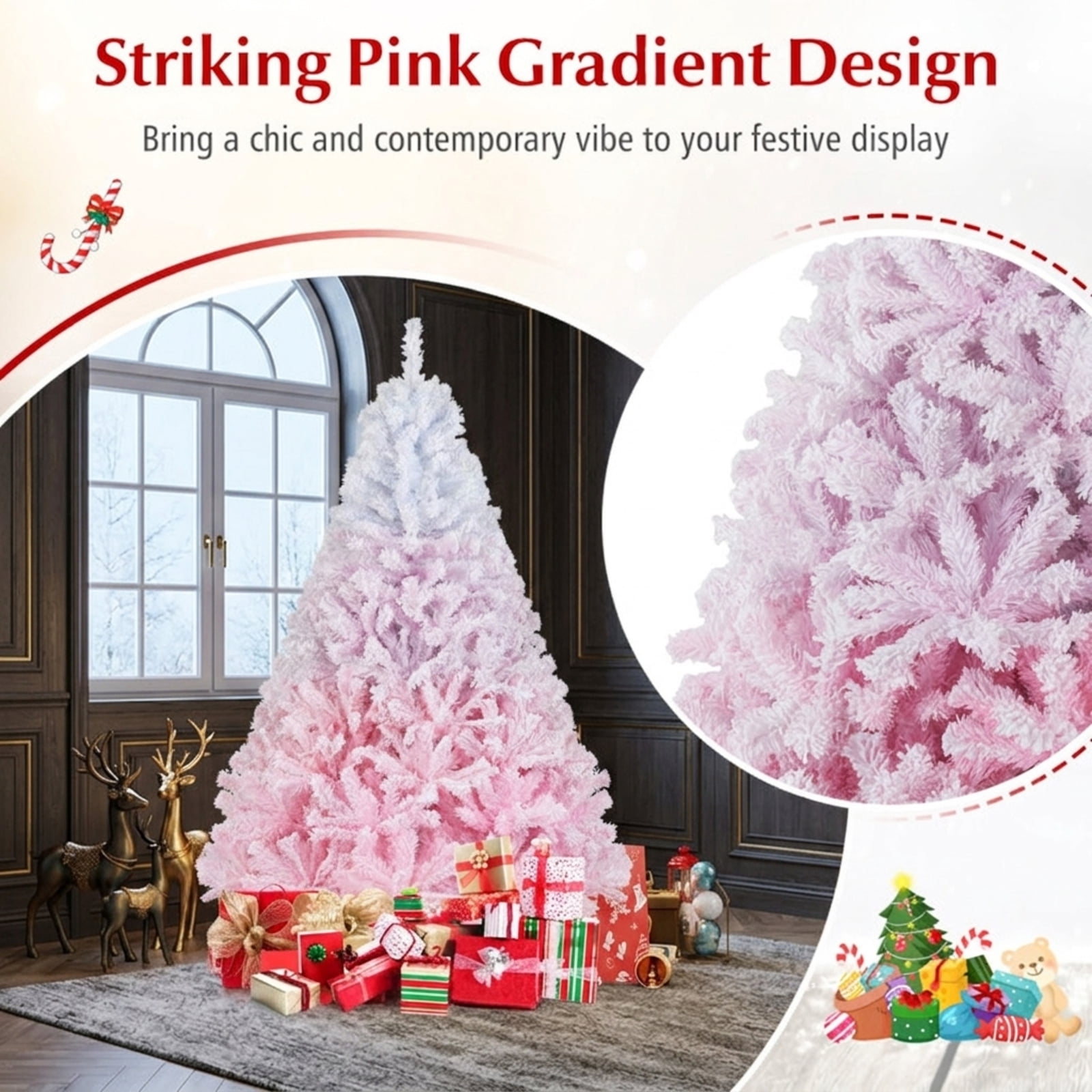 RUIE 6FT White & Pink Gradient Artificial Christmas Tree, 820 Snow Flocked Branch Tips Hinged Xmas Tree with Folding Metal Stand for Bedroom Holiday