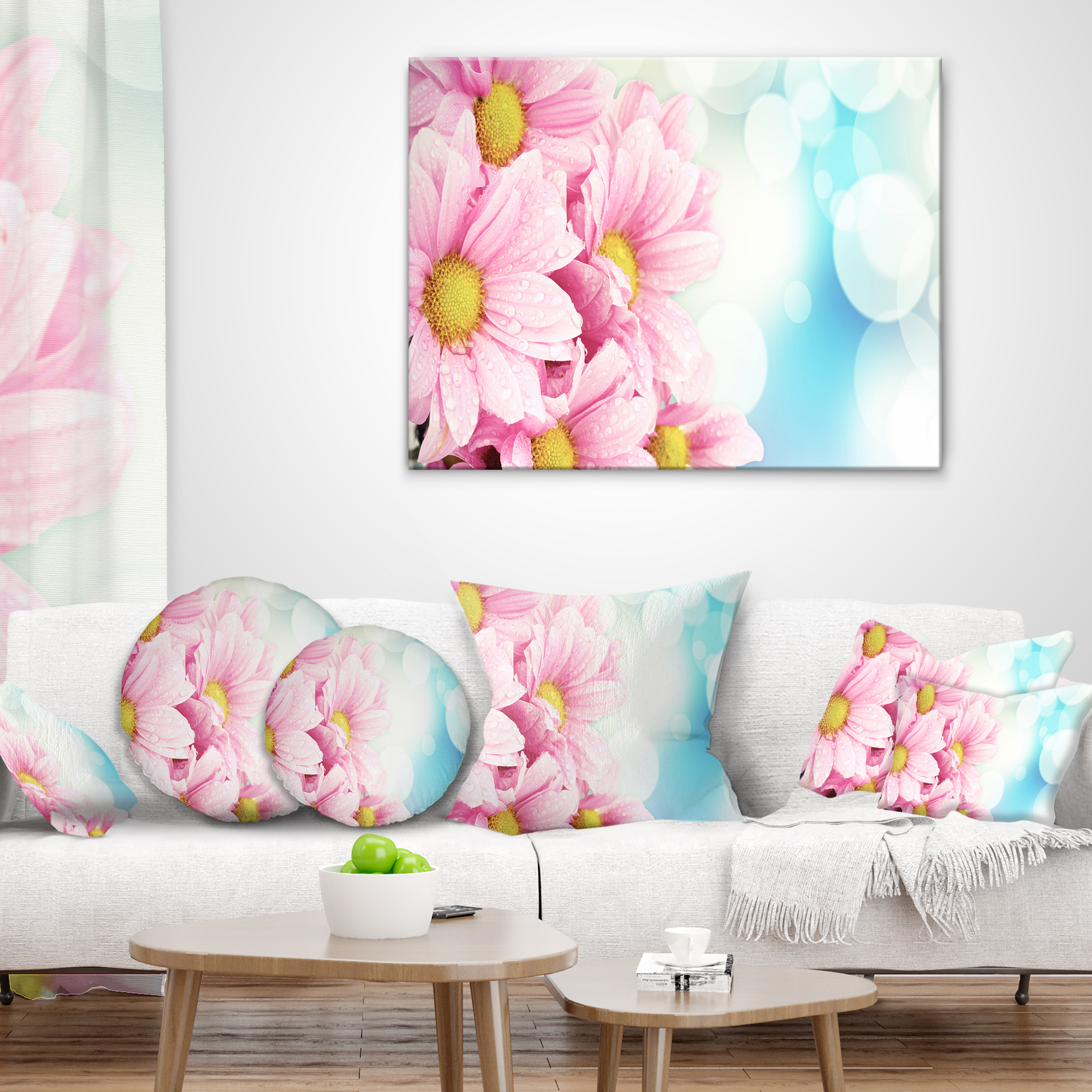 Designart Pink Flowers Bouquet on Blue - Floral Throw Pillow - 16x16