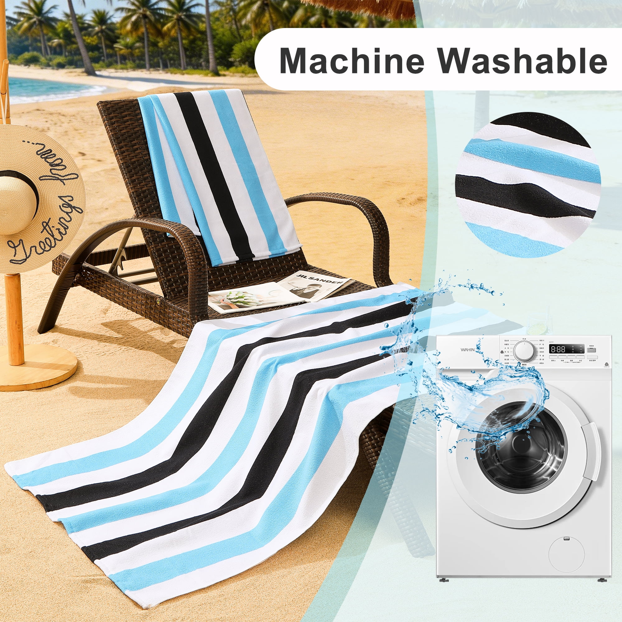 Smuge 4 Pack Cabana Stripe Beach Towels, 60x30 inches Microfiber Lightweight Outdoor Large Swim Towel for Adults (Blue Black)