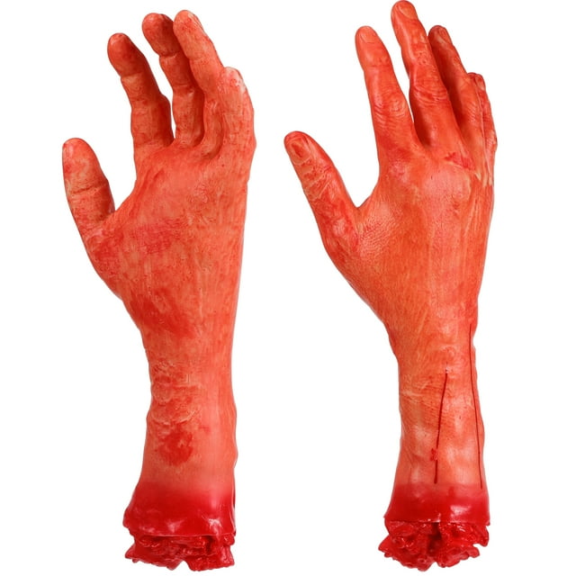 2 piezas de mano humana cortada falsa: brazo roto sangriento y aterrador, palmas, decoraciones de Halloween para fiestas, casas embrujadas, suministros