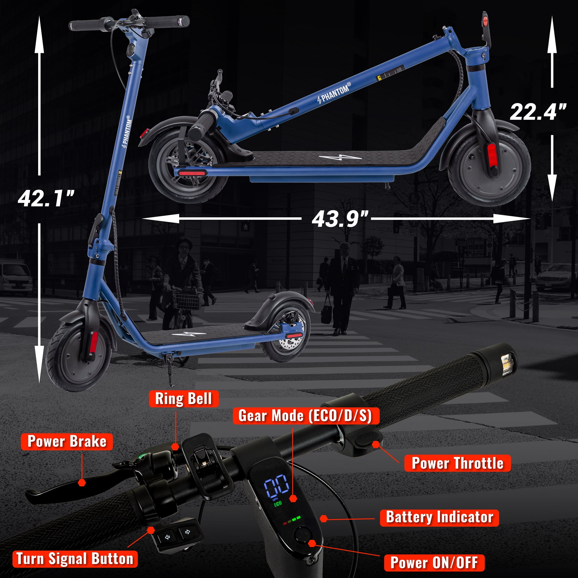 Electric Scooter for Adults Scooter Foldable Escooter 15.5 mph Max Speed with 350W Motor E-Scooter for Commuter (Blue)