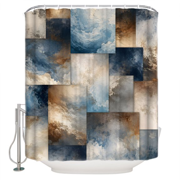 Blue Brown Abstract Bathroom Shower Curtains with 12 Hooks Polyester Waterproof Shower Curtain for Stalls and Bathtubs Modern Color Block Geometric Art Decorative Bathroom Curtain 72x84 Inches