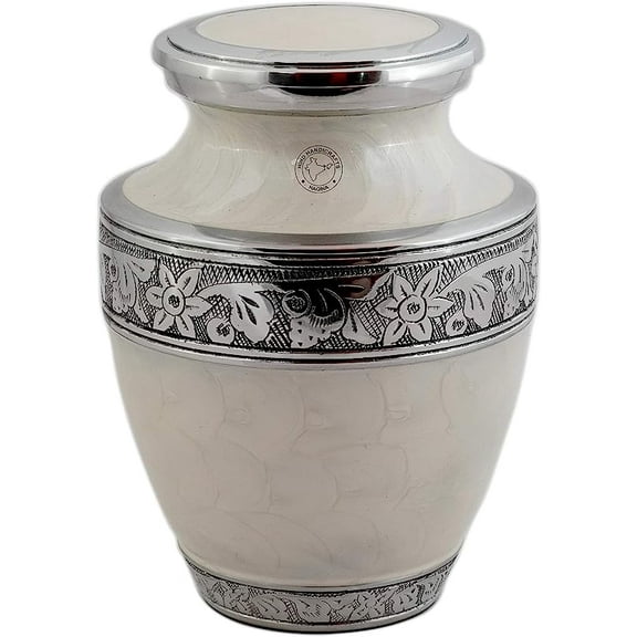 Silver Engraved Cremation Urn for Human Ashes Adult - Handcrafted Funeral Memorial Ash Storage Urn - Affordable Urn - Bag Included (5.5" x 5.5" x 8" - 150 lbs or 68 kg, Pearl White)
