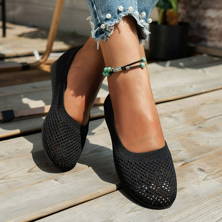 Xysaqa Black Flats for Women Womens Golf Shoes Womens Solid Color Round Toe Flats Shoes Comfortable and Breathable Lightweight Soft Casual Shoe