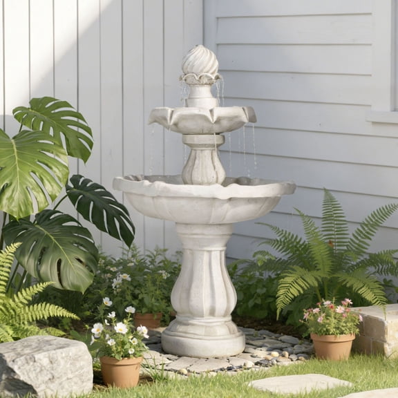Christopher Knight Home 37.4"H 2-Tier Outdoor Fountain, Pedestal Cascading Water Feature, White
