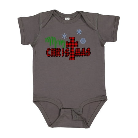 

Inktastic Merry Christmas Buffalo Plaid Cross with Snowflakes Gift Baby Boy or Baby Girl Bodysuit
