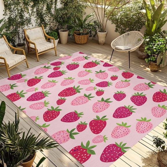 Fsddascl Red Pink Strawberry Outdoor Rug for Patio/Deck/Porch, Non-Slip Large Area Rug 4 x 6 Ft, Pink Lovely Summer Spring Fruit Indoor Outdoor Rugs Washable Area Rugs, Reversible Camping Rug Carpet