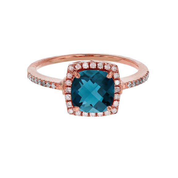Decadence Sterling Silver Rose 7mm Cushion London Blue Topaz & Cr White Sapphire Halo Ring