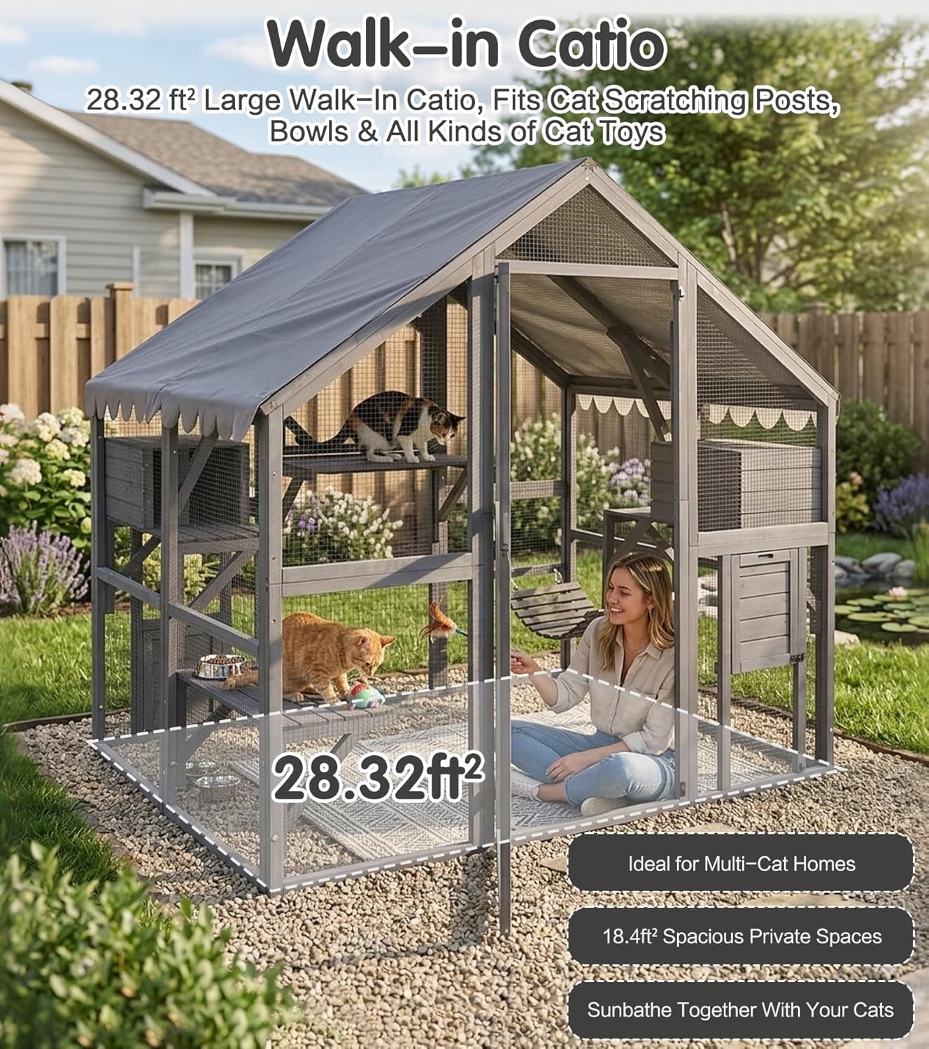 Aivituvin Extra Large Catio Outdoor Cat Enclosure Window Design for 6-10 Cats, Walk-in Patio Cat House with 4 Access Doors, Waterproof Roof