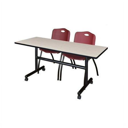 60" x 30" Flip Top Mobile Training Table-Maple and 2 "M" Stack Chairs-Burgundy
