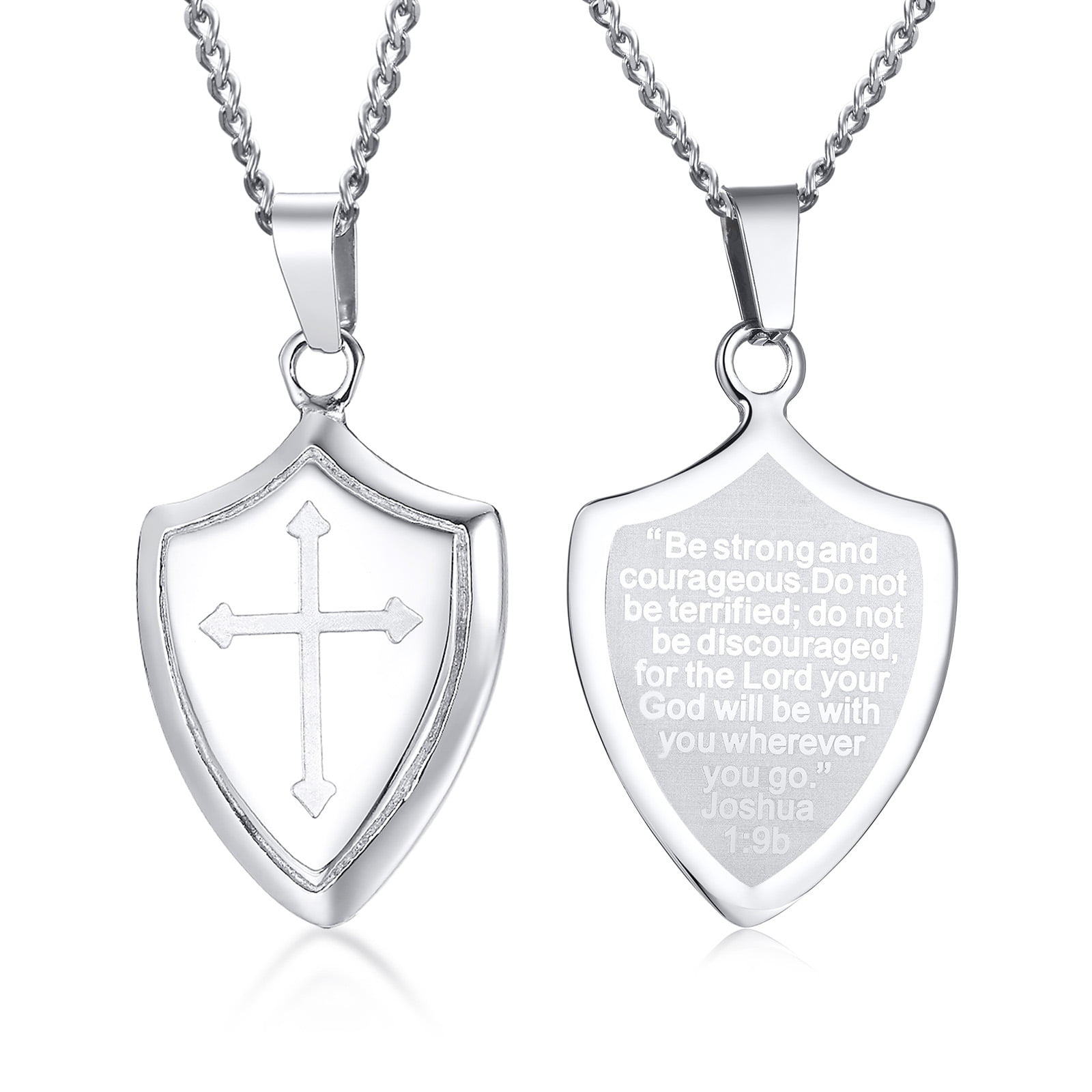 Vnox Shield with Cross Necklace, Silver Stainless Steel Men's Cross Necklaces, Communion Gifts with 24' Curb Chain