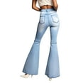 thumbnail image 3 of PAOLA RIBONI Women's Solid Faded Ripped Flare Leg Denim Pants in Classic Blue, Comfortable Casual Button Bell Bottom Jeans for Summer and Daily Activities, 3 of 11