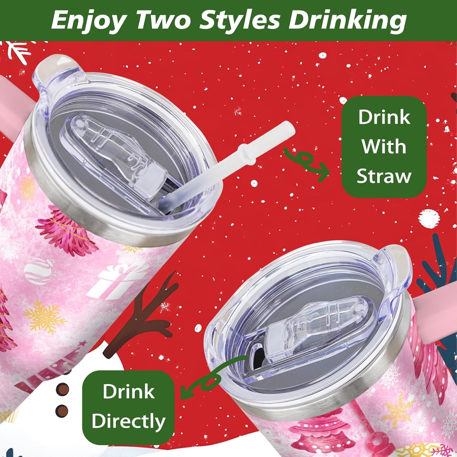 Christmas Tumbler 40 oz Christmas Tumblers with Handle and Straw Pink Christmas Tree Stainless Steel Insulated Coffee Cups Mugs Christmas Gifts Stuff Decor for Women Girls