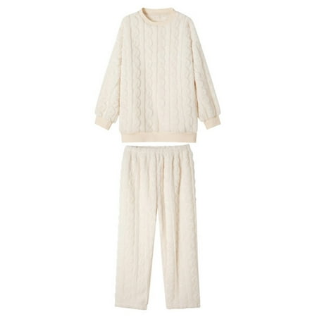 

MAWCLOS Ladies Elastic Waist Pajamas Sets Fleece Fuzzy Home Clothes Nightwear Tops And Pants Loose Sleeping Sleepwear Lounge Set White M