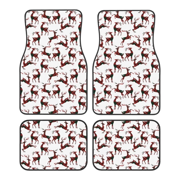 Honeii Christmas Plaid Moose Print Car Foot Mat Four-Piece Set - Front & Rear Universal Car Floor Mats for SUVs, Trucks, Sedans