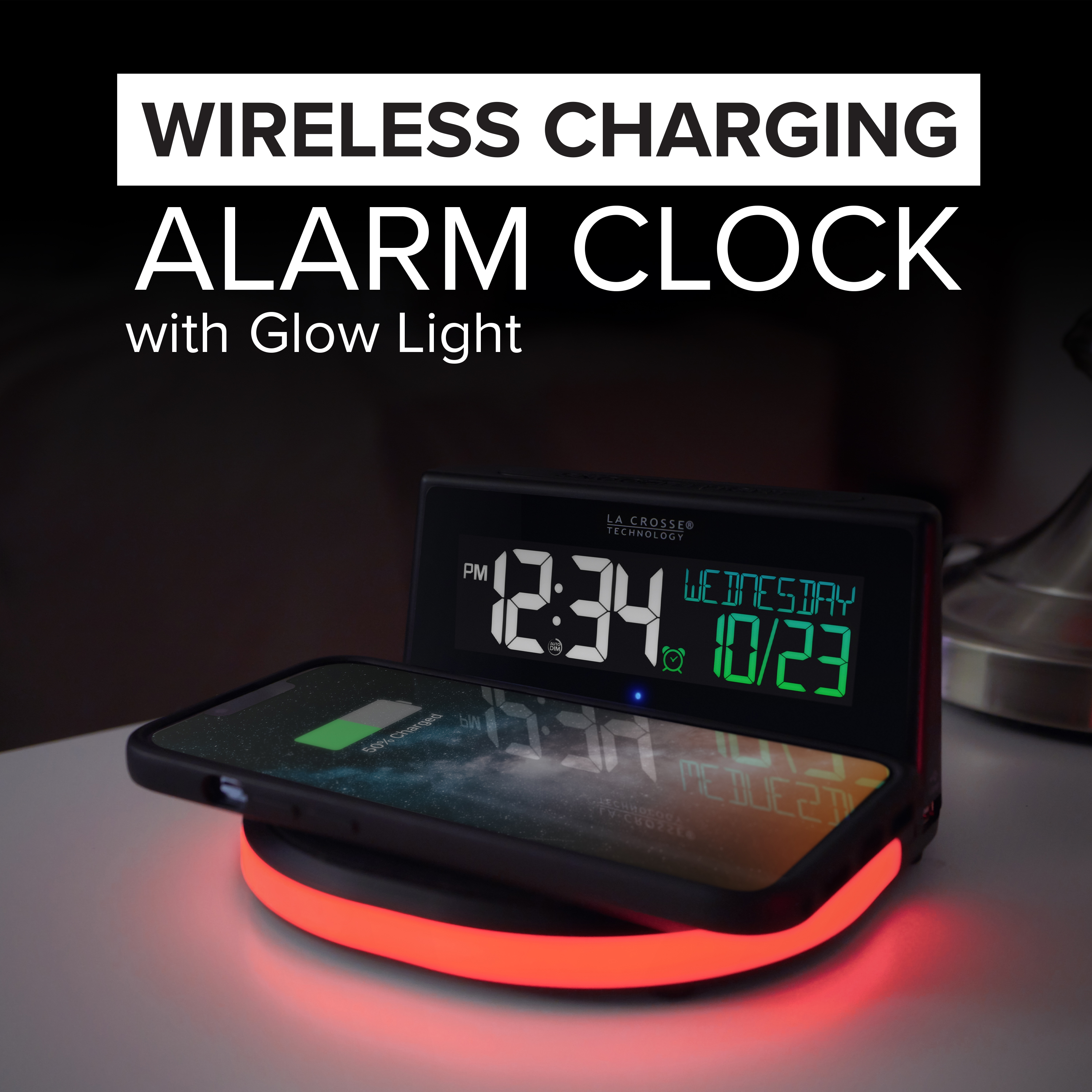 La Crosse Technology Wireless Charging Alarm Black LCD Clock with Glowing Lighted Base, 617-148 - image 4 of 13