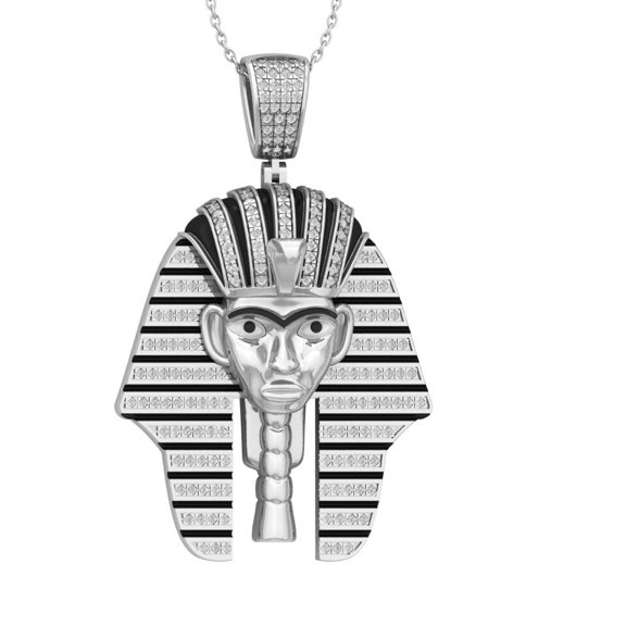 14K White Gold Round Diamond Egyptian Pharaoh Pendant with Sterling Silver Chain Necklace (3/4 cttw, I-J Color, I2-I3 Clarity), 18"