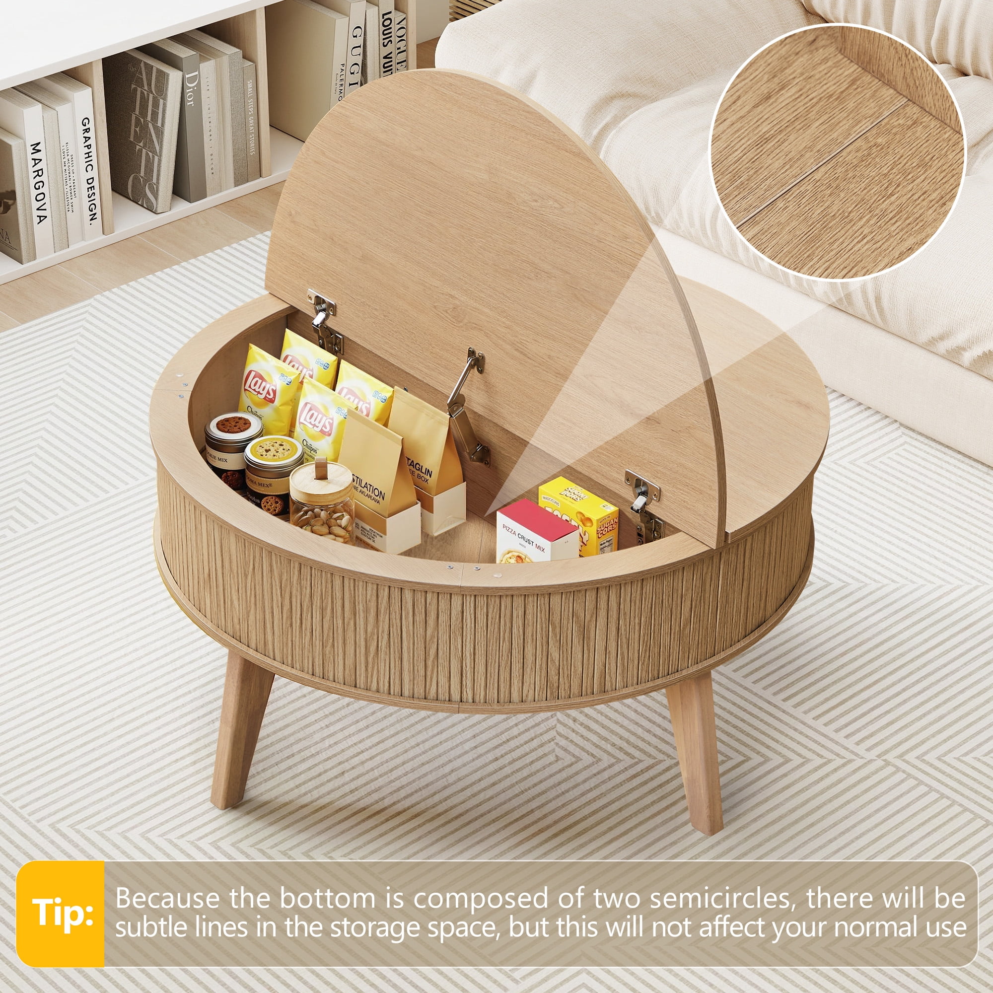 PHOYAL 4 in 1 Fluted Round Coffee Table with Flip Top and Lift Top, Round Coffee Table with Hidden Compartments Storage for Living Room, Natural
