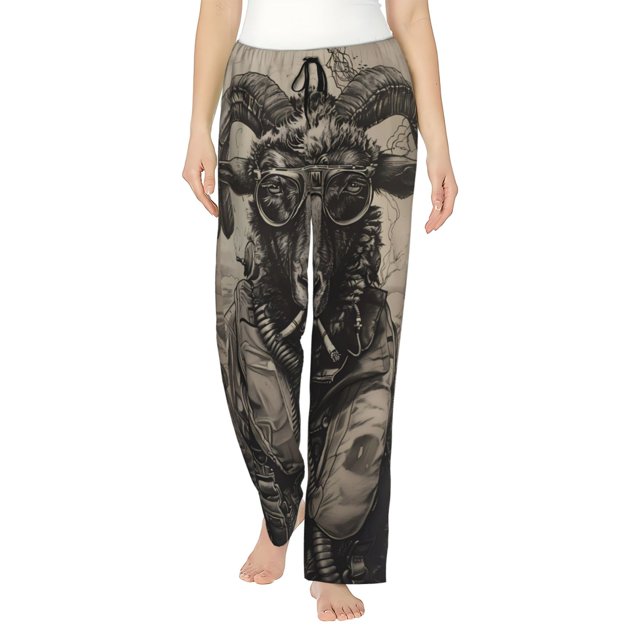Fotbe Vintage Ram Pilot Pantalones de Pijama para Mujer, Pantalones de Dormir, Pantalones Pj con Cordón y Bolsillos-Large
