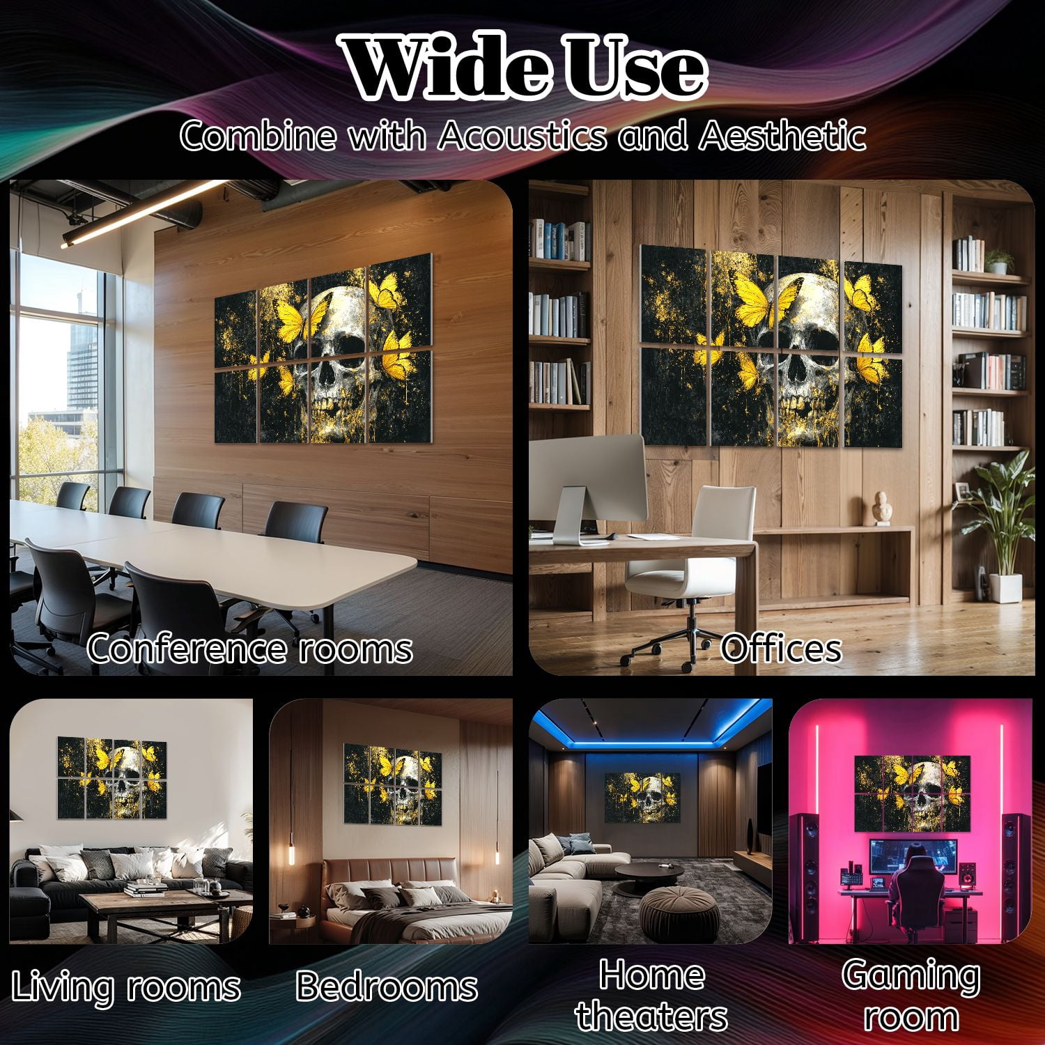 Gothic 8 Pack Art Acoustic Panels Sound Absorbing Skull Vibrant Yellow Butterflies Gold Accents Dark Decorative Soundproof Wall Panels Self Adhesive for Nursery Game Room Bedroom 48"x32"