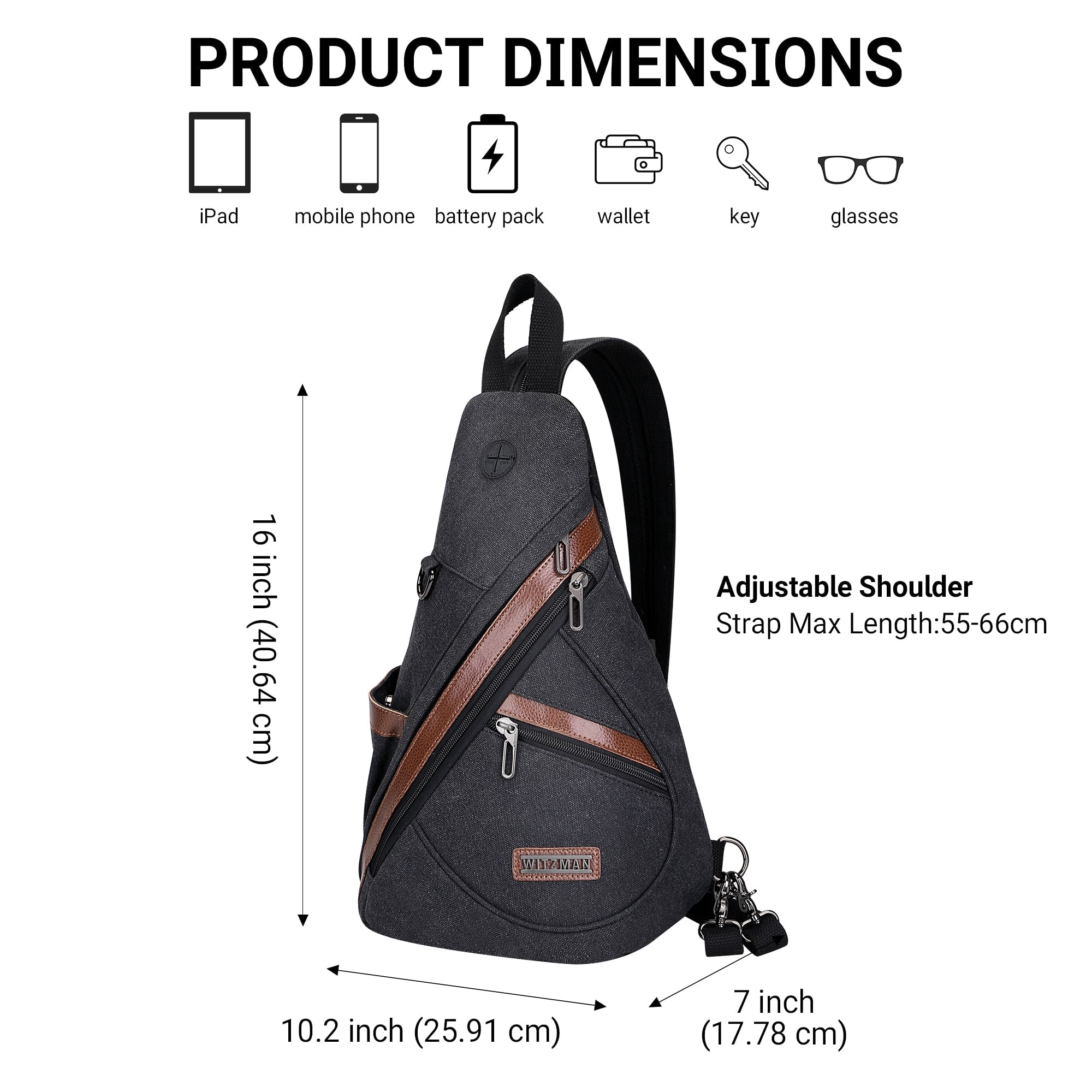 WITZMAN Canvas Sling Bag for Men Women Convertible Sling Backpack Crossbody Vintage Chest Bag Travel Casual Daypack(A8003 Black)