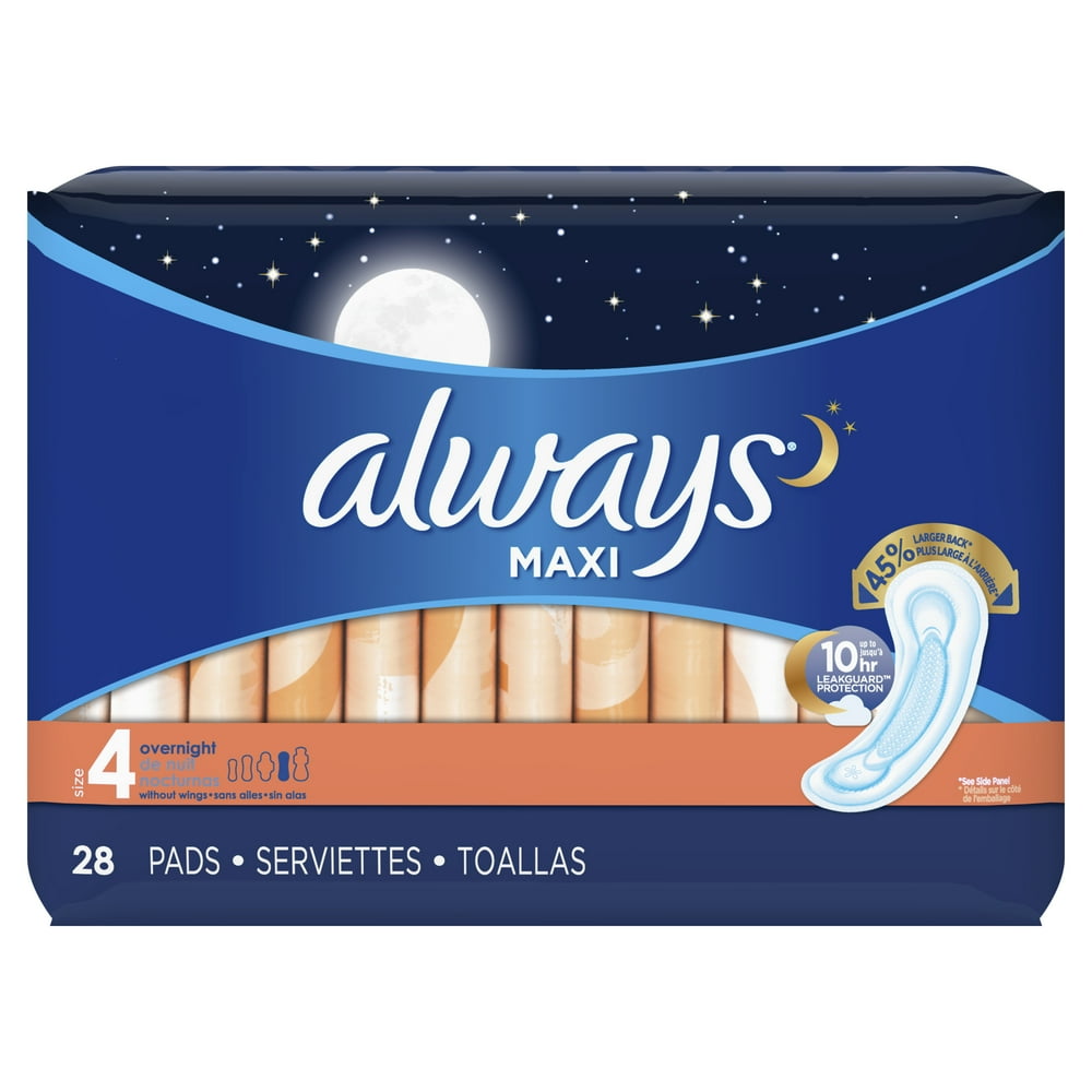 Always Maxi Overnight Pads Wingless, Unscented, Size 4, 28 Ct - Walmart ...