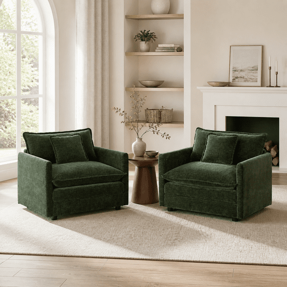Set of 2 Green Chenille Accent Chairs with Toss Pillow, Upholstered Armchairs