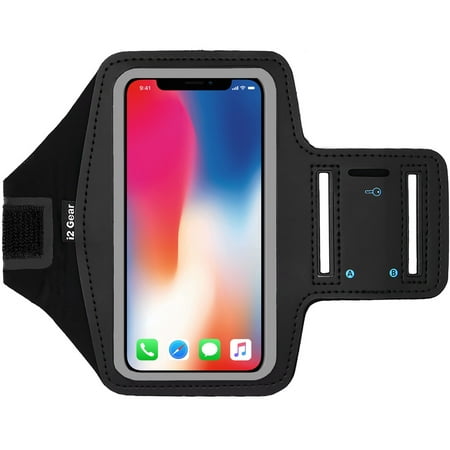i2 Gear Running Armband for iPhone 8, 7, 6, 6S, Samsung Galaxy S6 S5 S4, HTC One & More with Key Holder & Reflective Band - Jet Black