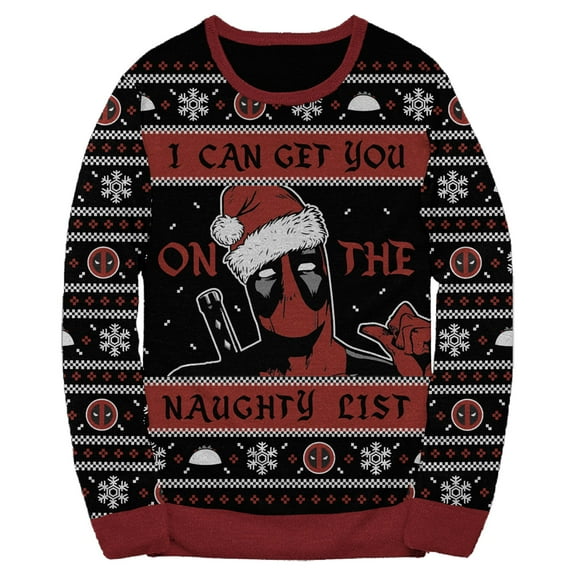 Mens Marvel: Deadpool Naughty List Ugly Christmas Pattern Sweatshirt