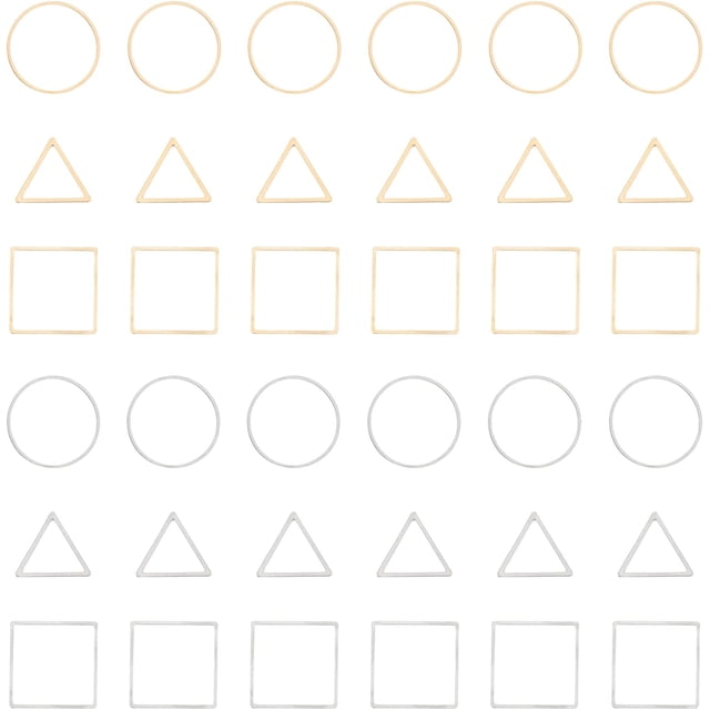 36 piezas de anillos de unión de acero inoxidable 304 en 3 estilos: triángulos, cuadrados y marcos para anillos. Conectores de joyería en color dorado y acero inoxidable.