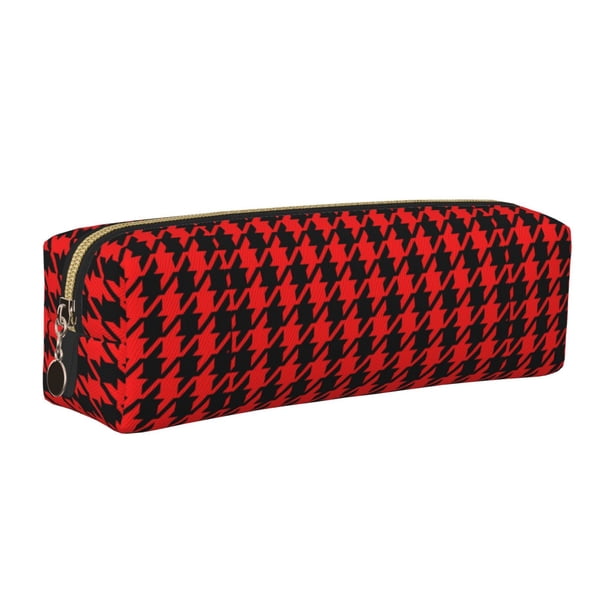 Easygdp Retro red and Black Houndstooth para Estuche de Lápices de Cuero, Estuche de Papelería de Cuero, Estuche de Gran Capacidad con Cremallera