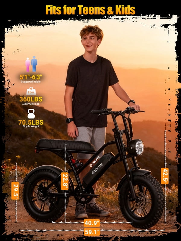 ESKUTE V100 Electric Bike for Teens Adults, 750W Peak 1500W 28 Mph 48V 13 Ah,16"x4.0" Fat Tire E Bicycle, 7-Speed E-Bike with Dual Suspension, Blue with Lock & Phonebag，UL2849